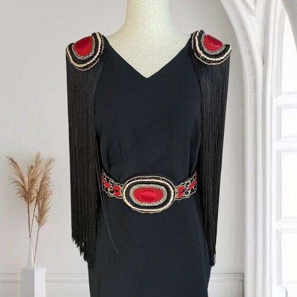Vtg La Perla Black Beaded Epaulet Long Fringe Scoop Open Back Dress IT 44 US 8 - Picture 2 of 15